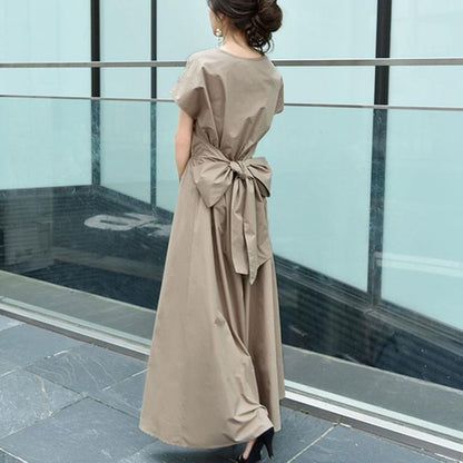 V-Neck Short Sleeve Plain A-Line Maxi Dress