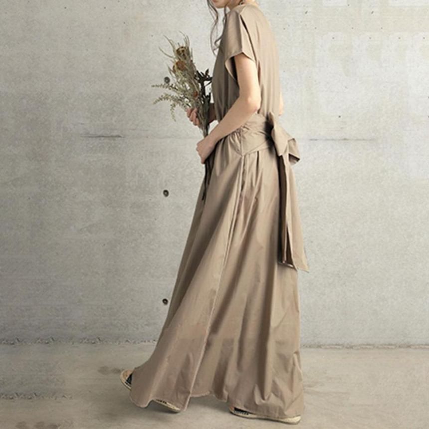 V-Neck Short Sleeve Plain A-Line Maxi Dress