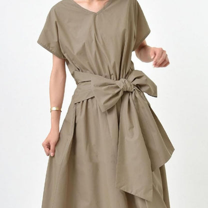 V-Neck Short Sleeve Plain A-Line Maxi Dress