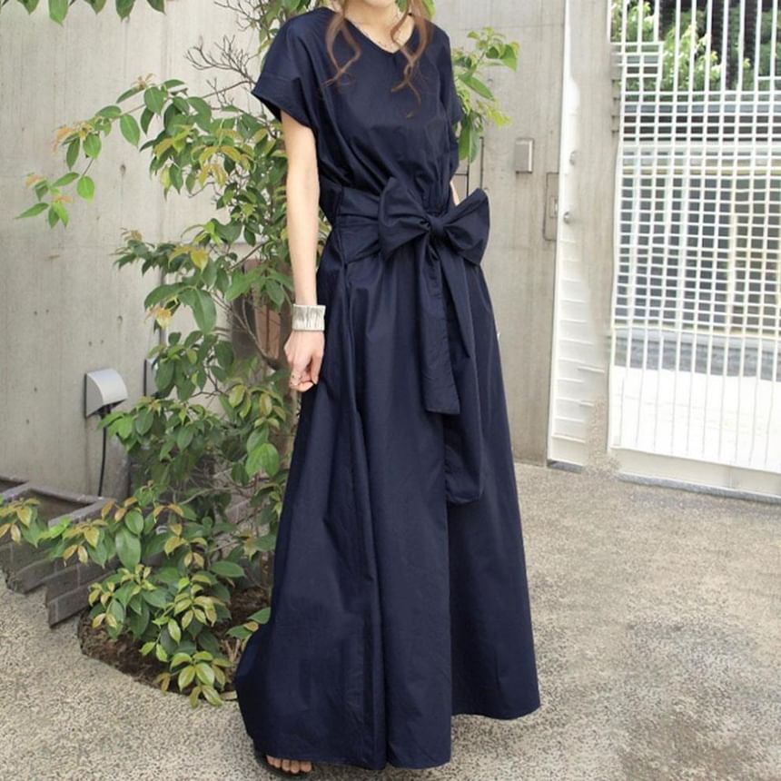 V-Neck Short Sleeve Plain A-Line Maxi Dress