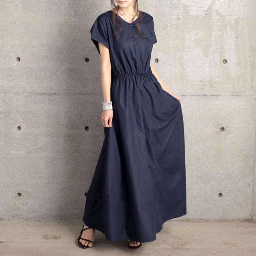 V-Neck Short Sleeve Plain A-Line Maxi Dress