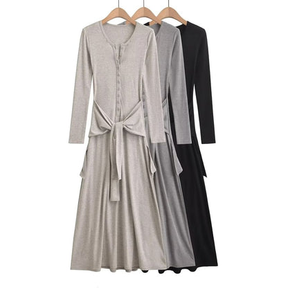 Henley Long-Sleeve Tie Waist T-Shirt Maxi Dress