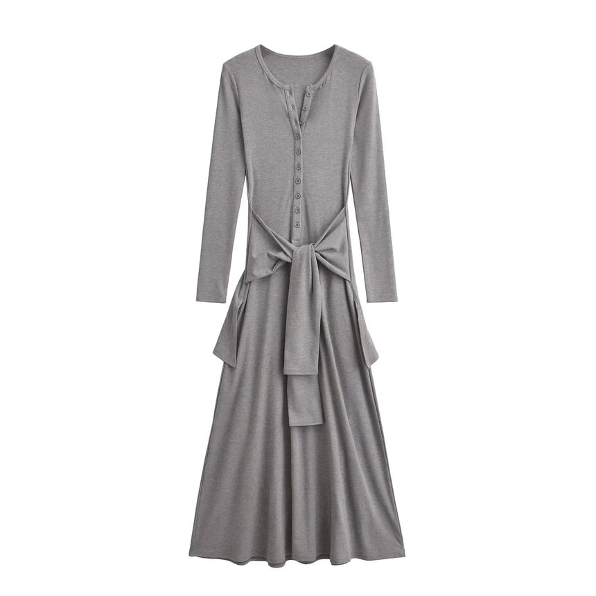 Henley Long-Sleeve Tie Waist T-Shirt Maxi Dress