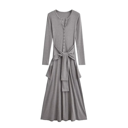 Henley Long-Sleeve Tie Waist T-Shirt Maxi Dress