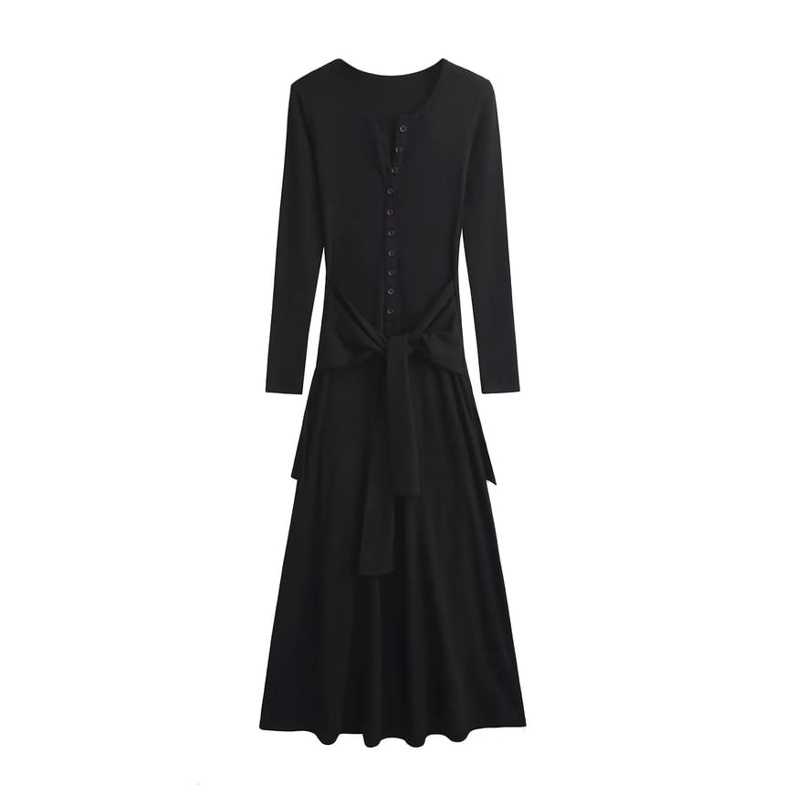 Henley Long-Sleeve Tie Waist T-Shirt Maxi Dress
