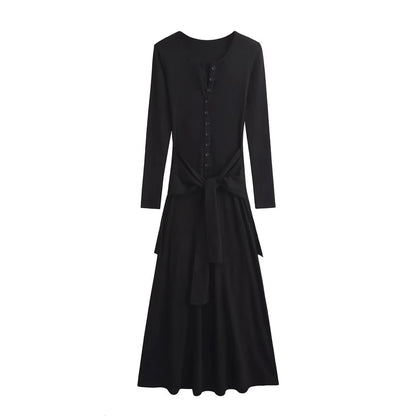 Henley Long-Sleeve Tie Waist T-Shirt Maxi Dress