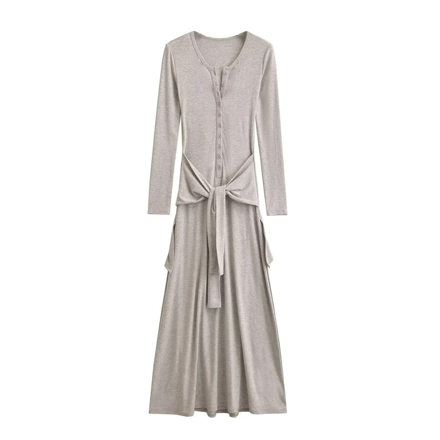 Henley Long-Sleeve Tie Waist T-Shirt Maxi Dress