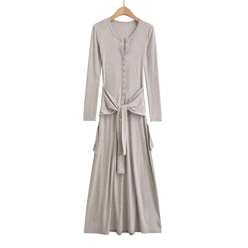 Henley Long-Sleeve Tie Waist T-Shirt Maxi Dress