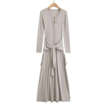 Henley Long-Sleeve Tie Waist T-Shirt Maxi Dress
