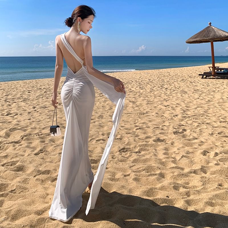 One-Shoulder Sleeveless Open Back Sheath Maxi Dress