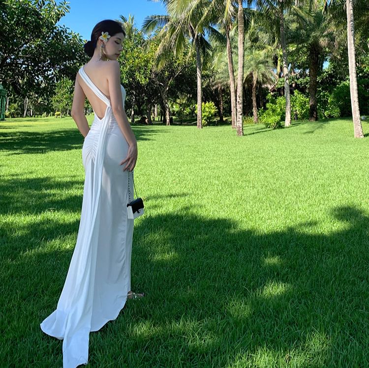 One-Shoulder Sleeveless Open Back Sheath Maxi Dress