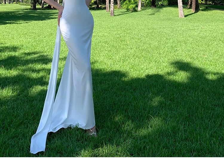 One-Shoulder Sleeveless Open Back Sheath Maxi Dress