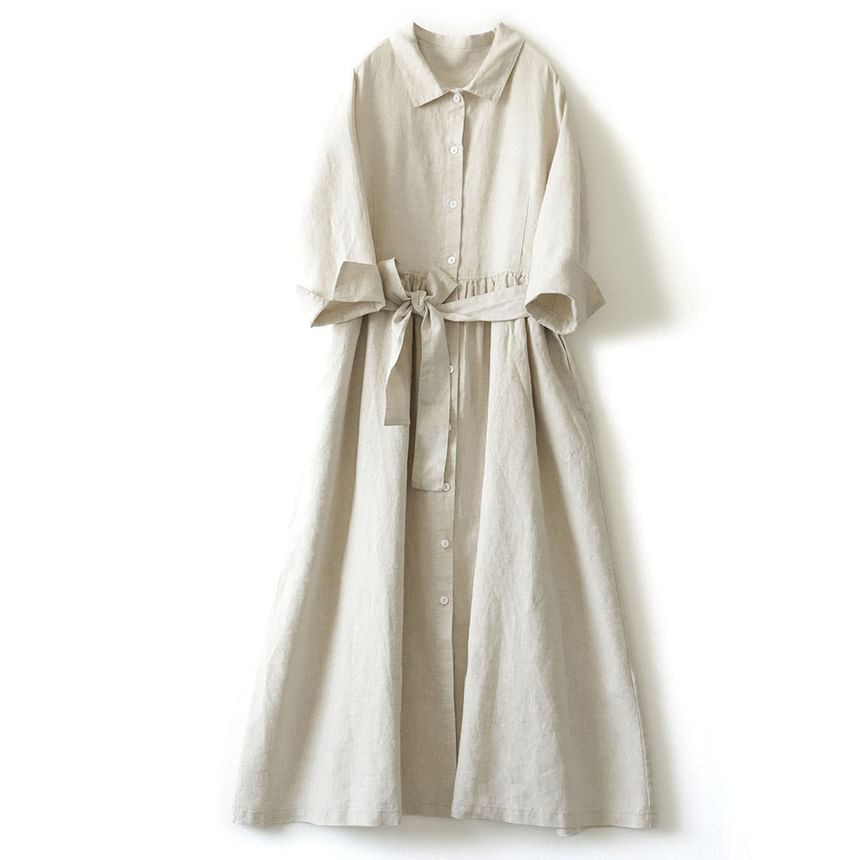 3/4 Sleeve Collared Button Down Belted Linen Maxi Dress