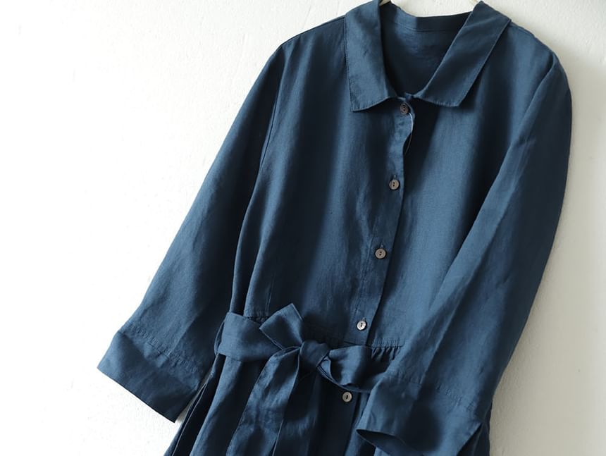 3/4 Sleeve Collared Button Down Belted Linen Maxi Dress