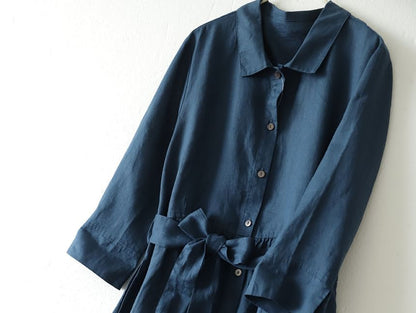 3/4 Sleeve Collared Button Down Belted Linen Maxi Dress
