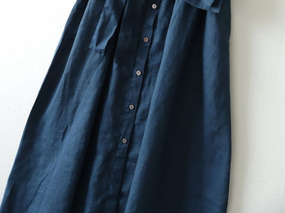 3/4 Sleeve Collared Button Down Belted Linen Maxi Dress