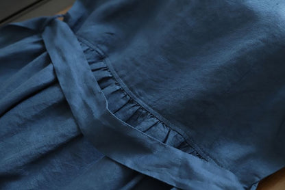 3/4 Sleeve Collared Button Down Belted Linen Maxi Dress
