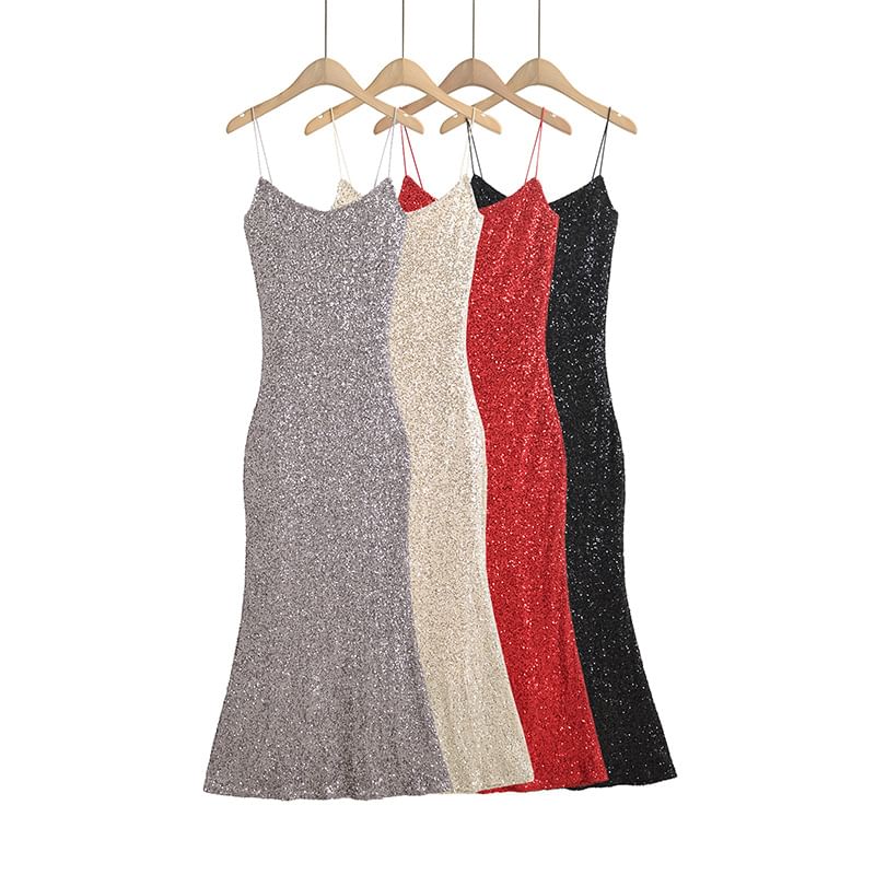 Spaghetti Strap Scoop Neck Glitter Slim-Fit Bodycon Maxi Dress
