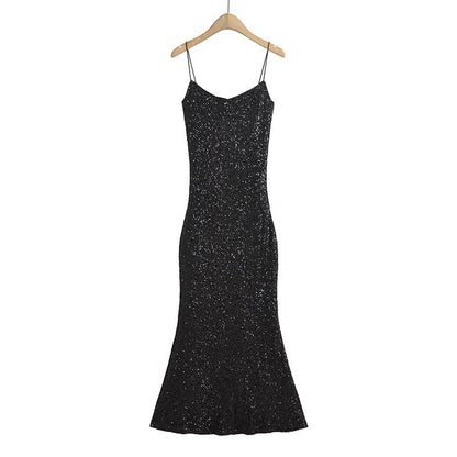 Spaghetti Strap Scoop Neck Glitter Slim-Fit Bodycon Maxi Dress