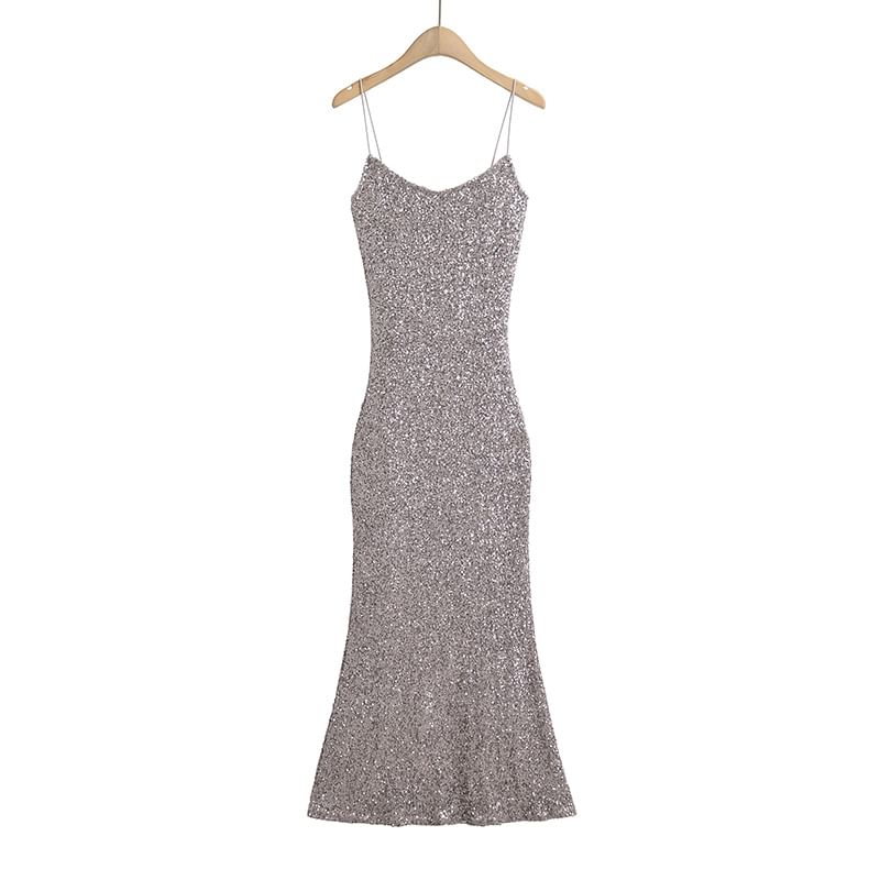 Spaghetti Strap Scoop Neck Glitter Slim-Fit Bodycon Maxi Dress
