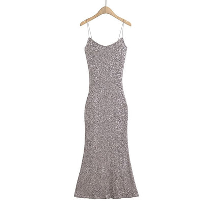 Spaghetti Strap Scoop Neck Glitter Slim-Fit Bodycon Maxi Dress