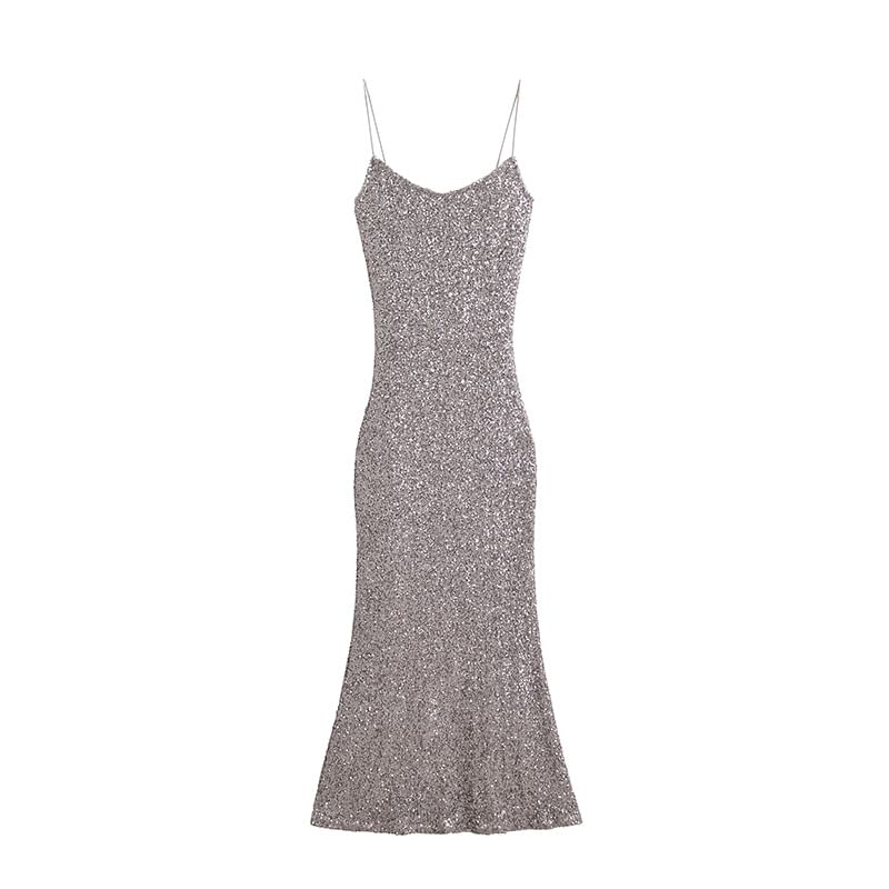 Spaghetti Strap Scoop Neck Glitter Slim-Fit Bodycon Maxi Dress