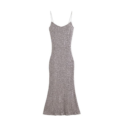 Spaghetti Strap Scoop Neck Glitter Slim-Fit Bodycon Maxi Dress