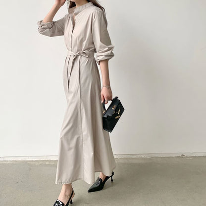 Band Collar Long Sleeve A-Line Shirt Maxi Dress