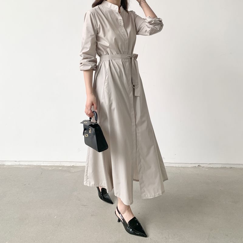 Band Collar Long Sleeve A-Line Shirt Maxi Dress