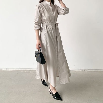 Band Collar Long Sleeve A-Line Shirt Maxi Dress