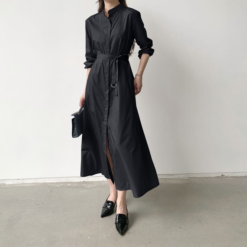 Band Collar Long Sleeve A-Line Shirt Maxi Dress