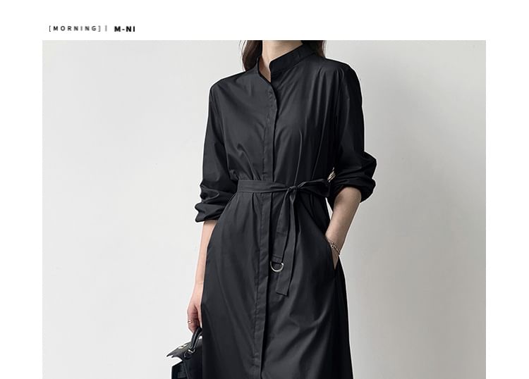 Band Collar Long Sleeve A-Line Shirt Maxi Dress