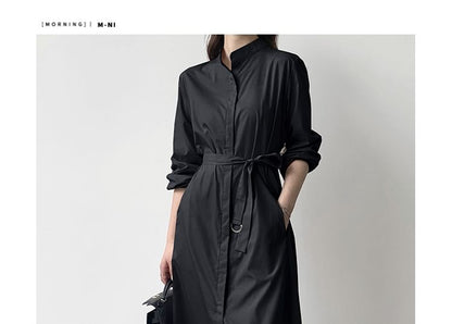 Band Collar Long Sleeve A-Line Shirt Maxi Dress