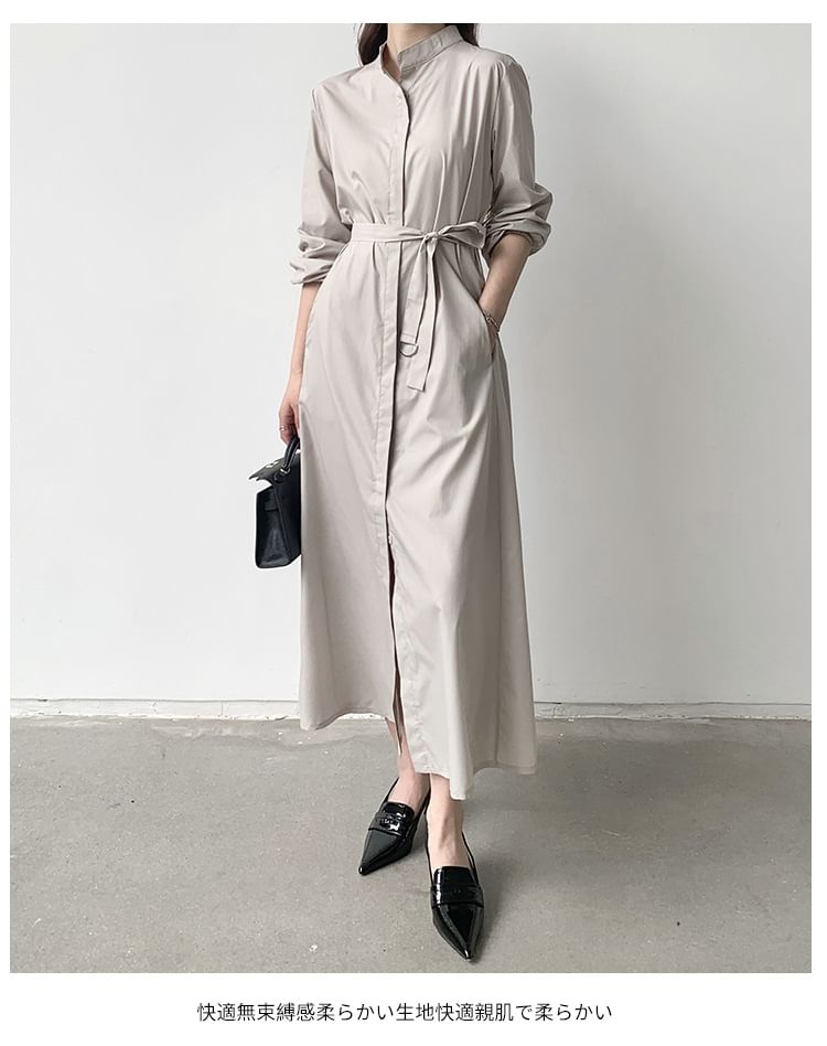 Band Collar Long Sleeve A-Line Shirt Maxi Dress
