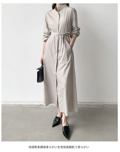 Band Collar Long Sleeve A-Line Shirt Maxi Dress