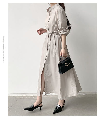 Band Collar Long Sleeve A-Line Shirt Maxi Dress