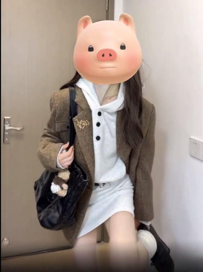 Plain Double-Breasted Blazer / Long-Sleeve Mini Hoodie Dress