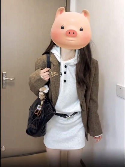 Plain Double-Breasted Blazer / Long-Sleeve Mini Hoodie Dress