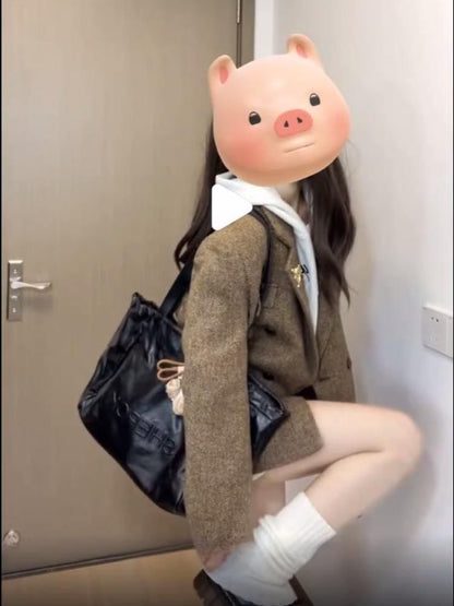 Plain Double-Breasted Blazer / Long-Sleeve Mini Hoodie Dress