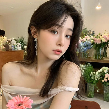 Rhinestone Faux Drop Pearl Earring Butterfly