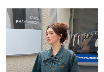 Plus Size Set: Long Sleeve Collared Washed Bow Denim Shirt + High Rise Asymmetrical Mini A-Line Skirt