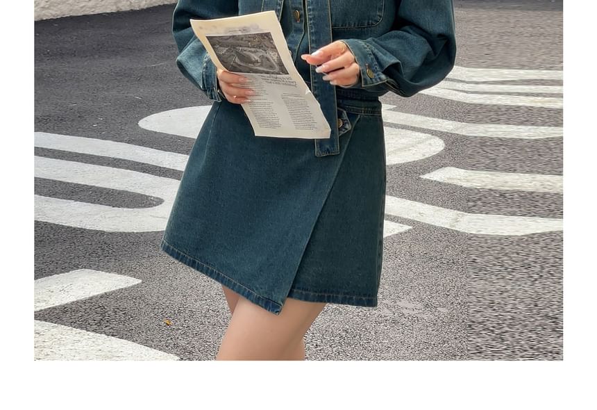 Plus Size Set: Long Sleeve Collared Washed Bow Denim Shirt + High Rise Asymmetrical Mini A-Line Skirt