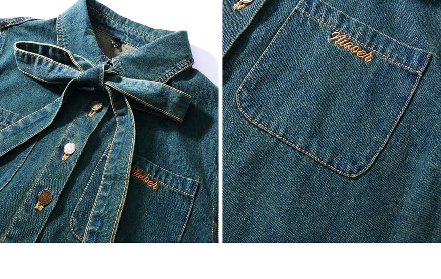 Plus Size Set: Long Sleeve Collared Washed Bow Denim Shirt + High Rise Asymmetrical Mini A-Line Skirt