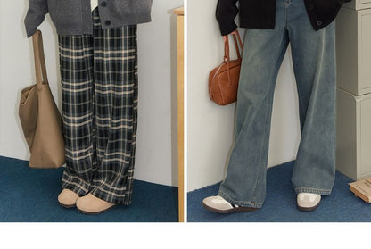 Plus Size High Rise Plaid Wide Leg Pants / Washed Wide Leg Jeans