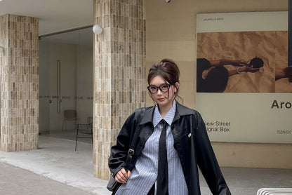 Plus Size Long Sleeve Collared Striped Heart Embroidered Shirt / Necktie