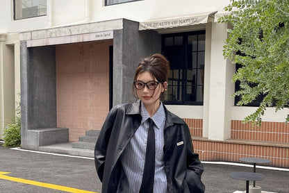 Plus Size Long Sleeve Collared Striped Heart Embroidered Shirt / Necktie