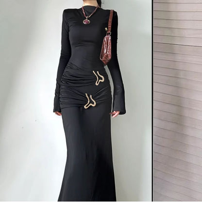 Mock Neck Long-Sleeve Ruched Sheath Maxi Dress
