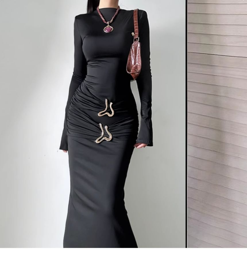 Mock Neck Long-Sleeve Ruched Sheath Maxi Dress