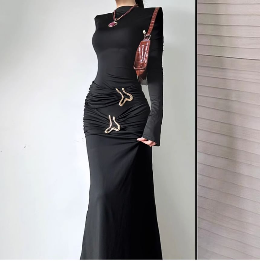 Mock Neck Long-Sleeve Ruched Sheath Maxi Dress