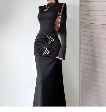 Mock Neck Long-Sleeve Ruched Sheath Maxi Dress